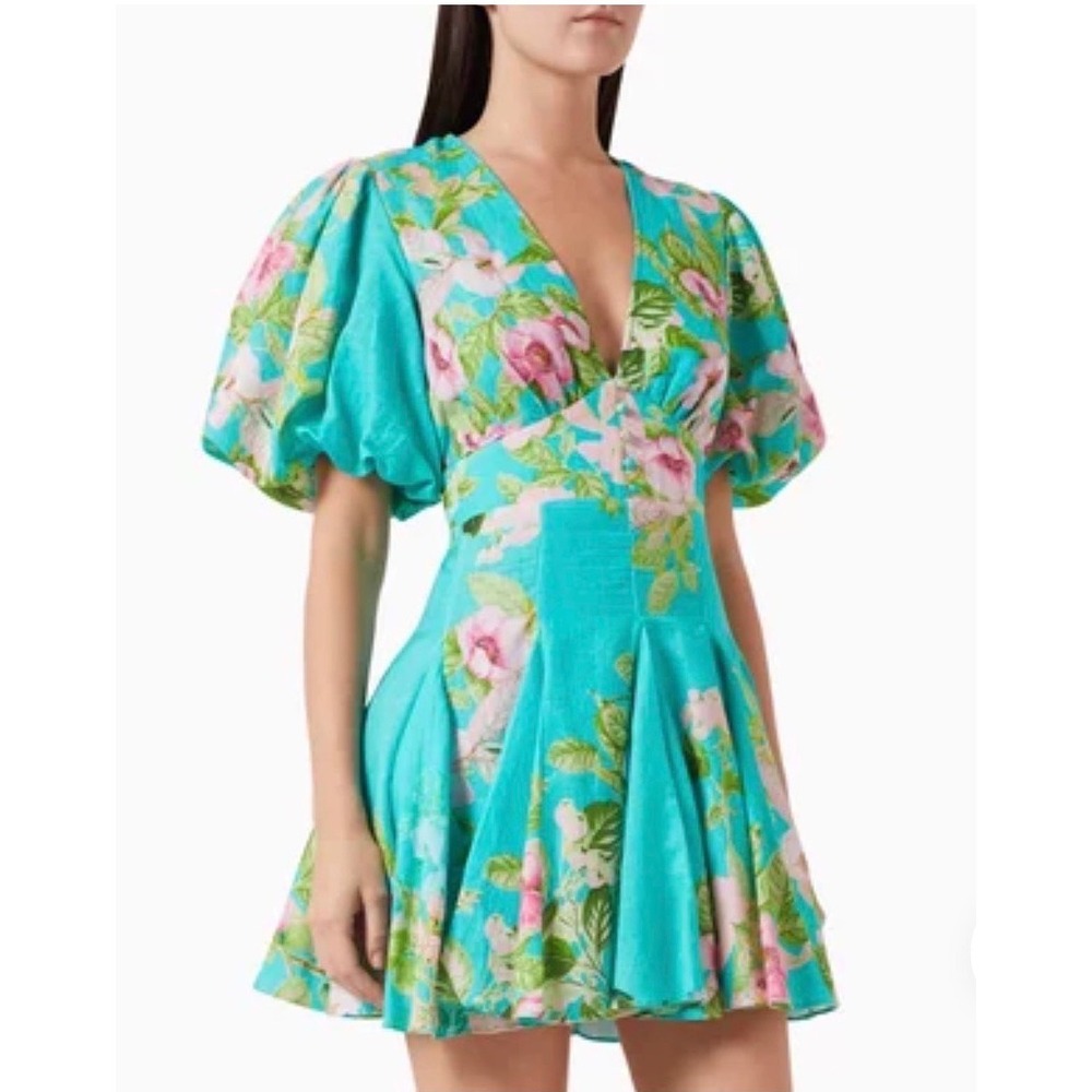 Hemant & Nandita Azra Floral Mini Dress Turquoise Blue Cotton Puff Sleeve Small